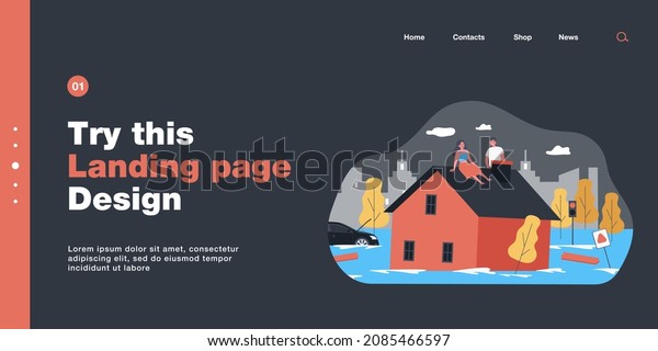 Flood victims sitting on roof of house. Flat\
vector illustration. Man and woman waiting for help while car,\
trees, road signs drowning in water. Emergency, natural disaster,\
flood, rescue concept