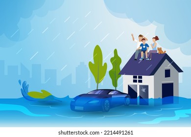 Flood Victims Waiting For Rescue On Roof With Flooding Wave From Raining Storm Typhoon Take Away House, Car. Nature Disaster, Tsunami And Catastrophic Caused By Climate Change And Global Warming.