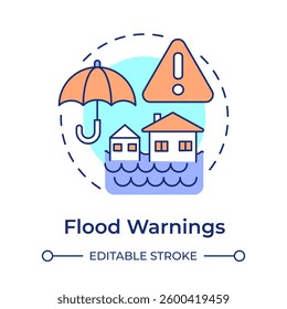 Flood warning multi color concept icon. Rising water levels risk prevention. Safety and emergency alert. Round shape line illustration. Abstract idea. Graphic design. Easy to use in application