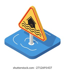 Flood warning sign. 3D isometric illustration. Isolated vector for banner, poster, presentation, infographic, webs, apps.