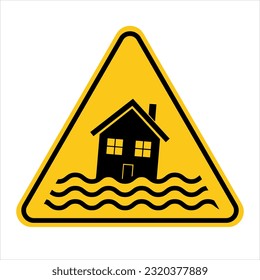 Flood warning sign. Deluge, floodwaters, inundation, cataclysm, tsunami. Caution extreme weather conditions. Risk of flooding. Vector illustration.