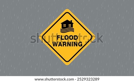 flood warning sign on sky background,  caution sign flood sign , clouds and rain