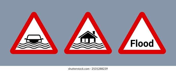 Flood Warning Sign Set Vector Illustration