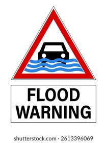 Flood warning. Triangle road sign with pictogram of a car in flood water. Text below.