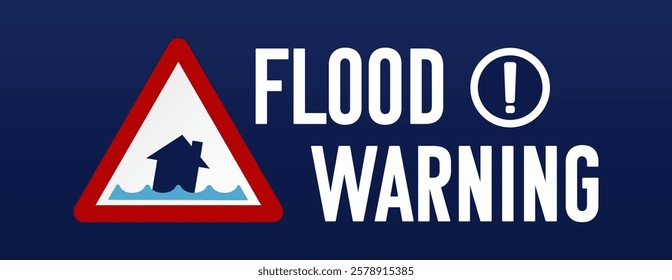 Flood warning vector banner. Modern vector illustration with triangle, exclamation mark and text. Weather alert concept.