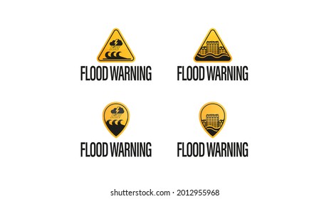 Advertencia de inundación, amarillo - símbolos de advertencia negros aislados en fondo blanco.