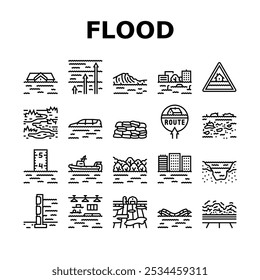 flood water disaster rain icons set vector. river storm, surge inundation, overflow deluge, emergency evacuation, rescue, damage flood water disaster rain black contour illustrations