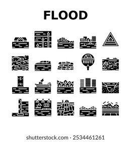 flood water disaster rain icons set vector. river storm, surge inundation, overflow deluge, emergency evacuation, rescue, damage flood water disaster rain glyph pictogram Illustrations