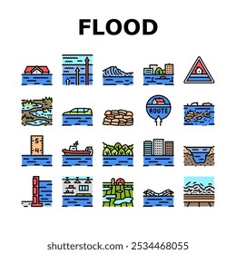 flood water disaster rain icons set vector. river storm, surge inundation, overflow deluge, emergency evacuation, rescue, damage flood water disaster rain color line illustrations