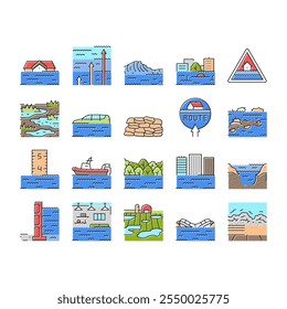 flood water disaster rain icons set vector. river storm, surge inundation, overflow deluge, emergency evacuation, rescue, damage flood water disaster rain color line illustrations