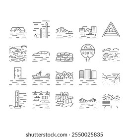 flood water disaster rain icons set vector. river storm, surge inundation, overflow deluge, emergency evacuation, rescue, damage flood water disaster rain black contour illustrations