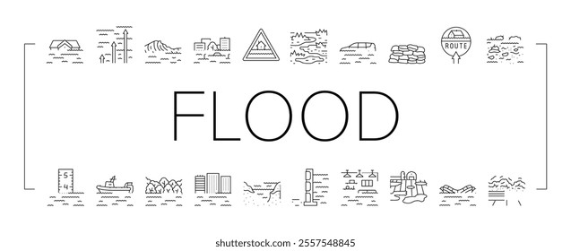 flood water disaster rain icons set vector. river storm, surge inundation, overflow deluge, emergency evacuation, rescue, damage flood water disaster rain black contour illustrations