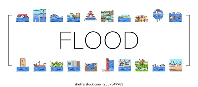 flood water disaster rain icons set vector. river storm, surge inundation, overflow deluge, emergency evacuation, rescue, damage flood water disaster rain color line illustrations