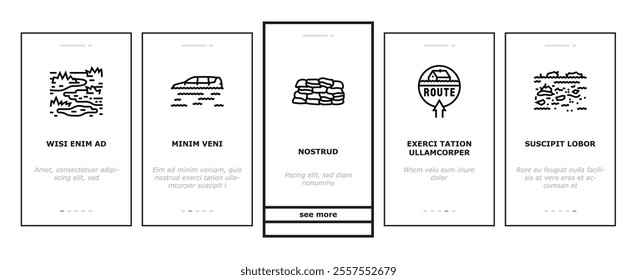 flood water disaster rain onboarding mobile vector river storm, surge inundation, overflow deluge, emergency evacuation, rescue, damage flood water disaster rain illustrations