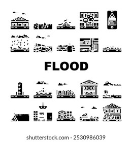 flood water disaster storm icons set vector. rain river, surge inundation, overflow emergency, evacuation, rescue, damage flood water disaster storm glyph pictogram Illustrations