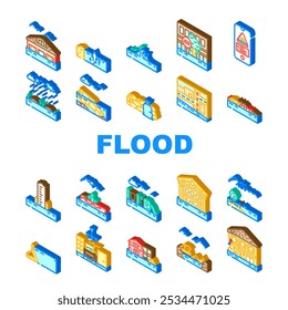 flood water disaster storm icons set vector. rain river, surge inundation, overflow emergency, evacuation, rescue, damage flood water disaster storm isometric sign illustrations