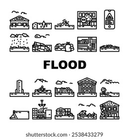 flood water disaster storm icons set vector. rain river, surge inundation, overflow emergency, evacuation, rescue, damage flood water disaster storm black contour illustrations