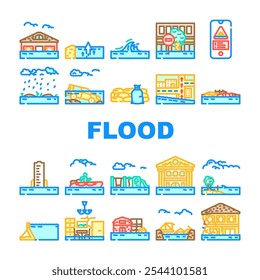 flood water disaster storm icons set vector. rain river, surge inundation, overflow emergency, evacuation, rescue, damage flood water disaster storm color line illustrations