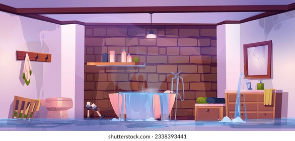 Flood and water leak problem in house bathroom cartoon vector illustration. Broken plumbing in hotel apartment or home bath room interior. Emergency insurance accident with old sink inside flat