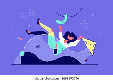 Flood and water overflow vector illustration. Inundation and floodwaters in work. Overworked woman drowning workflow flat style design. Lack of time concept