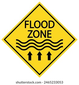 Flood zone. Diamond shape warning sign with symbol of water level rising and text.