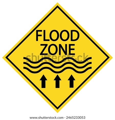 Flood zone. Diamond shape warning sign with symbol of water level rising and text.