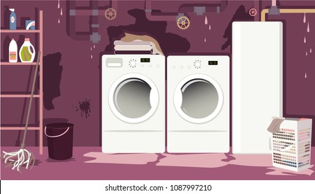 Flooded basement laundry room with leaky pipes, EPS 8 vector illustration, no transparencies 