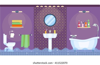 Flooded bathroom interior in flat style. Home design.Bathtub and shower, toilet, sink and mirror, lamps and towels. Vector illustration. Leakage from the pipe