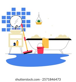 Flooded Bathroom With Mop, Bucket, And Green Bathtub In Flat Vector Illustration Symbolizing Water Spillage And Cleaning Effort, Isolated On White Background