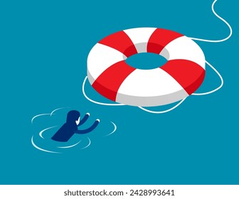 Flooded business person getting rescue from lifebuoy. Business vector concept

