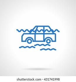 Flooded car floating among the waves. Hazardous natural phenomena, catastrophe. Automobile insurance theme. Simple blue line vector icon