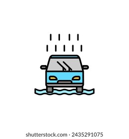 flooded car icon,rainy car,flood disaster.vector white background - editable stroke vector illustration