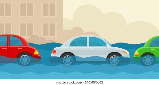 Flooded cars stand along the road. Unforeseen situation. Car accident insurance, force majeure. Vector illustration flat design, cartoon style. Isolated on white background. Side view.