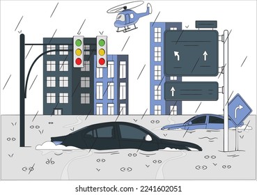 Flooded cars stand along the road. Unforeseen situation. Car accident insurance, force majeure. Vector illustration flat design, cartoon style. Isolated on white background. Side view.