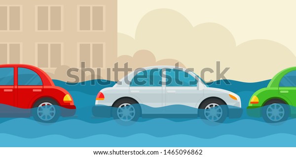 Flooded Cars Stand Along Road Unforeseen Stock Vector (Royalty Free ...