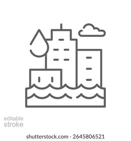 Flooded City Icon. Outline Style Editable Stroke. Thin Line Symbol of Climate Anxiety, Urban Flood Disaster, Rising Water Levels, Global Warming Impact, and Environmental Crisis Awareness.