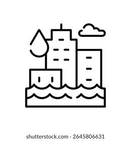 Flooded City Icon. Outline Style. Thin Line Symbol of Climate Anxiety, Urban Flood, Water Disaster, and Global Warming Impact on Coastal Environments.
