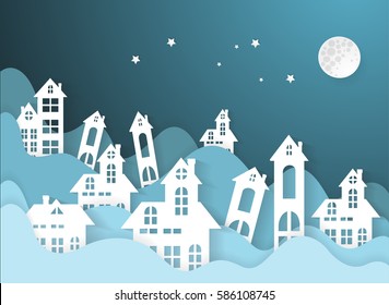 Flooded City with Partially Submerged Houses,paper art style