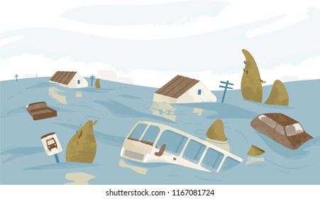 Flooded city or town. Houses, cars, trees, road signs submerged. Buildings and automobiles covered with water. Natural disaster, weather hazard. Colorful vector illustration in flat cartoon style.