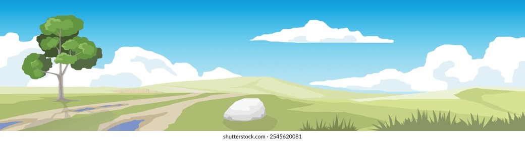 Flooded dirt road on a hillside. Wide open green grasslands and alternating mountain ranges. Tree growing alone on the side of the road. Under blue sky and white clouds.