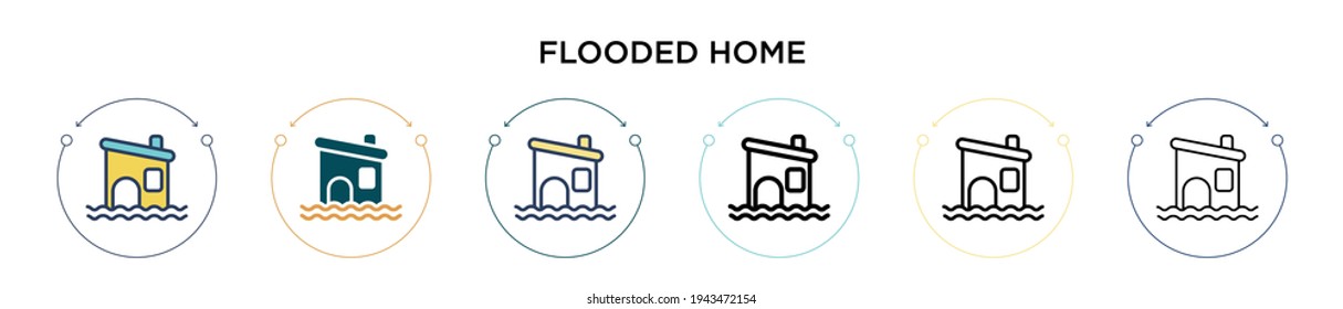 Flooded home icon in filled, thin line, outline and stroke style. Vector illustration of two colored and black flooded home vector icons designs can be used for mobile, ui, web