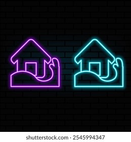 Flooded Home Icon Suite. Water Disaster House Vector Design. Flood Crisis Symbol. neon style..