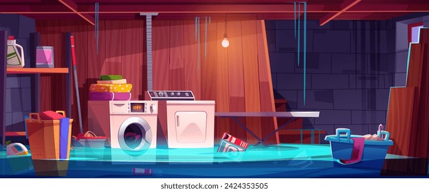 Flooded house basement room with damaged laundry equipment, boxes and hamper with clothes. Cartoon vector illustration of full of leaked water storehouse interior with washing and dryer machine.