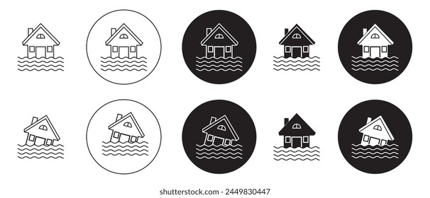 Flooded house icon set. river flood disaster vector symbol. hurricane home sign for ui designs in black filled and outlined style.