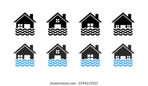 Flooded house icons set representing rising water levels and climate impact. Vector icon