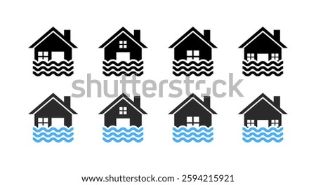 Flooded house icons set representing rising water levels and climate impact. Vector icon