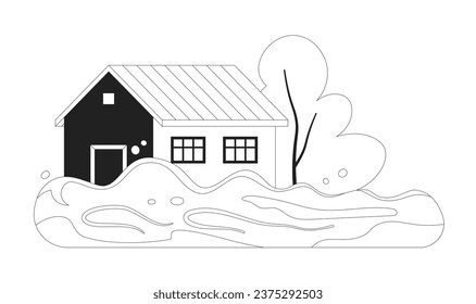 Flooded house monochrome flat vector object. Natural disaster. Flood. Editable black and white thin line icon. Simple cartoon clip art spot illustration for web graphic design