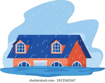 Flooded house under rain, water reaching the first-floor level. Home submerged in floodwater during storm. Natural disaster and climate change vector illustration.