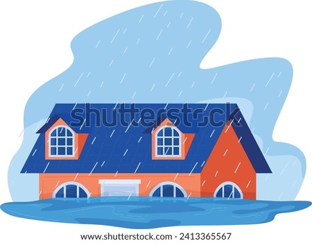 Flooded house under rain, water reaching the first-floor level. Home submerged in floodwater during storm. Natural disaster and climate change vector illustration.