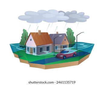 Flooded houses with rising water at rain 2D cartoon objects. Sinking town at heavy rainstorm natural disaster vector scene on white background